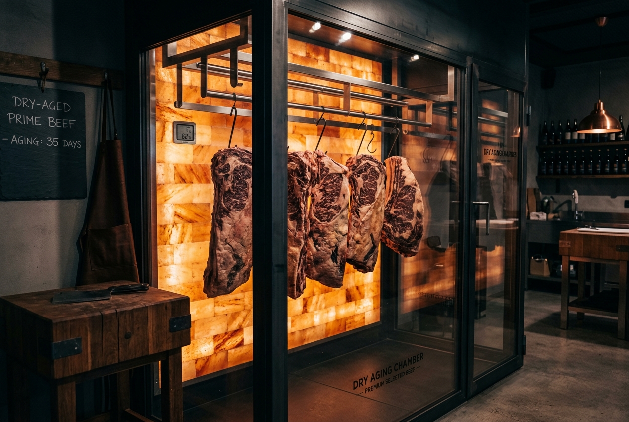 Interior de la cámara de maduración Dry Aged de MEAT & CO