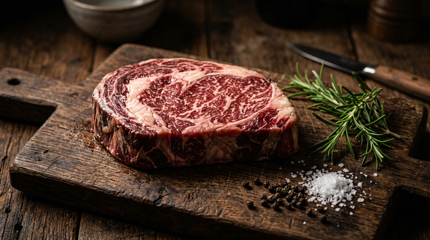 Ribeye Steak premium de autor sobre tabla de madera oscura